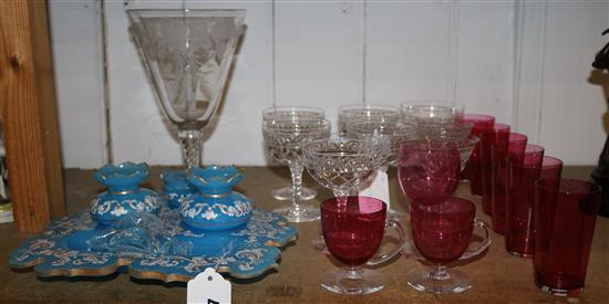 Large engraved ale glass, Bohemian glass desk stand (a.f), set of cut glass champagne glasses, ruby table glass etc